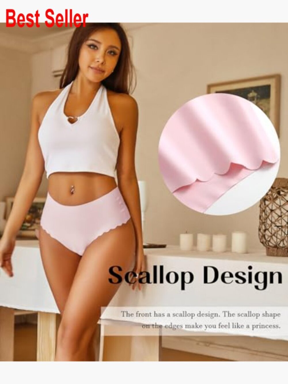High Waisted Seamless Underwear No Show Panties Cheeky Scalloped Edge Bikini - Picture 6 of 7